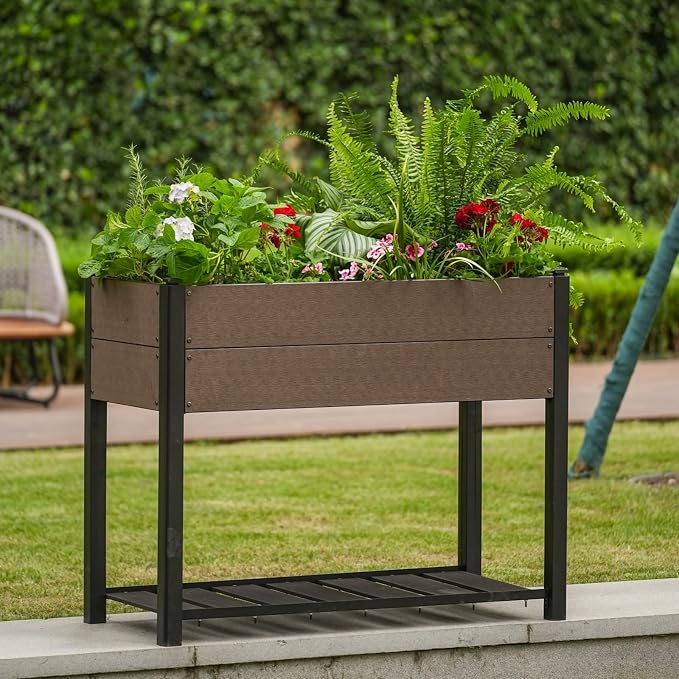 Garden Raised Bed with Shelf, 43*20*33.5in Deep Root Planter Box for Patio, Outdoor Herb with Bottom, Vegetable, and Flower Gardening - Durable Wooden Style Planter Box for Easy Mobility and Clearance