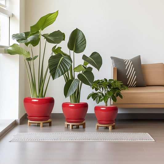 Ceramic Plant Pots, 10+8+6 Inch Ceramic Planters with Drainage Holes and Saucers, Round Decorative Pots for Plants Indoor Outdoor, House Decor, Gifts for Plant Lovers, Set of 3, Bright Red