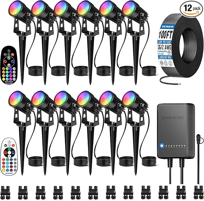 SUNVIE 3W RGBW LED Low Voltage Landscape Lighting Kit, Dusk to Dawn, 12 PCS | Color Changing Landscape Lights, IP65 Waterproof, Aluminum, All-in-One Landscape Lighting Kit, for Yard Garden Tree House