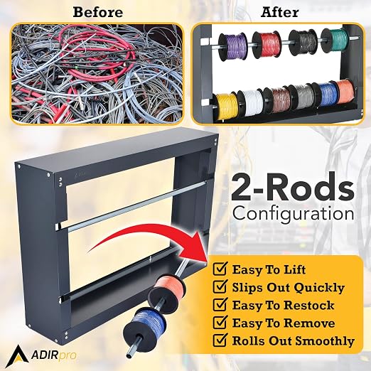 AdirPro Wire Spool Rack, 2-Rod | Heavy-Duty Wire & Cable Dispenser | Conduit Display & Storage for Electrical, Industrial & Retail Use | Grey