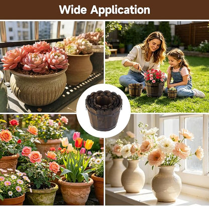 4 PCS Wooden Whiskey Barrel Planters, Wavy Edge Rustic Bucket Flower Pots with Metal Handles, Round Garden Accessory for Succulents Flowers Veggies, Outdoor Indoor Home Porch Yard Container