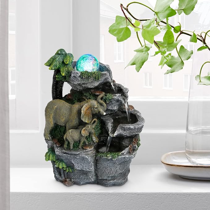 Dyna-Living Elephant Fountain Tabletop Waterfall Fountain Indoor with LED | Colorful Light Water Fountains and Waterfalls with Rolling Ball, Quiet Pump with OFF/ON Switch, Zen Home & Office Desk Décor