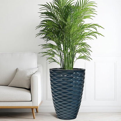 2-Pack 19" Glossy Navy Blue Resin Tall Planters with Wave Texture | Set of 2 resin tall planters with glossy navy blue wave texture, drainage plugs, and UV-resistant finish for porch or patio