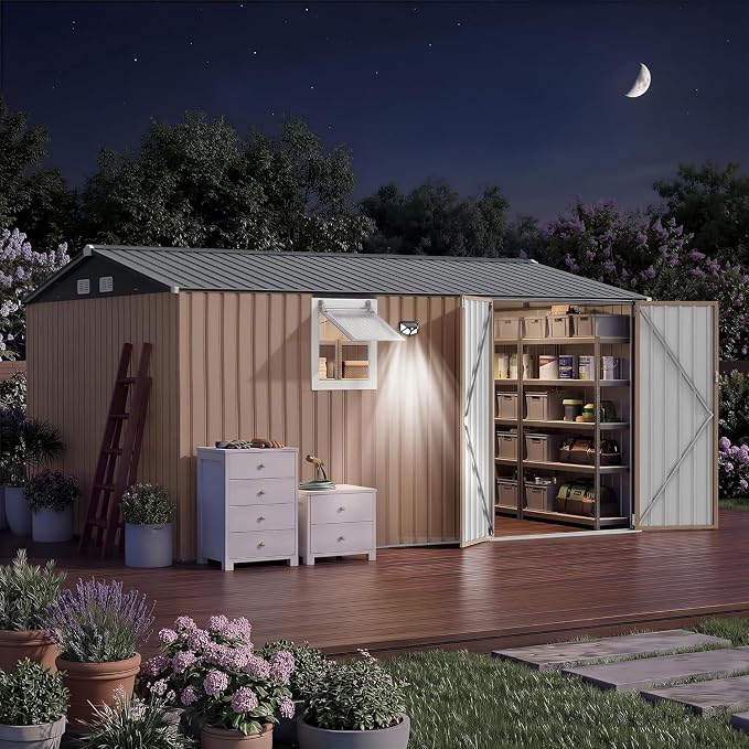 Garvee 10 x 12 FT Heavy-Duty Metal Outdoor Storage Shed with Motion Sensor Solar Light and Window,Pegboard Tool Organizer, Lockable Doors and 4 Air Vents, Garden Shed for Patio, Garage, Backyard