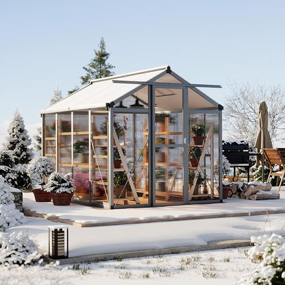 Garvee 6x8ft Walk-in Greenhouse, Heavy Duty Large Outdoor Green House | Polycarbonate Garden Greenhouse with Roof Vent, Lockable Smooth-Gliding Sliding Door & Aluminium Frame for Backyard, Grey