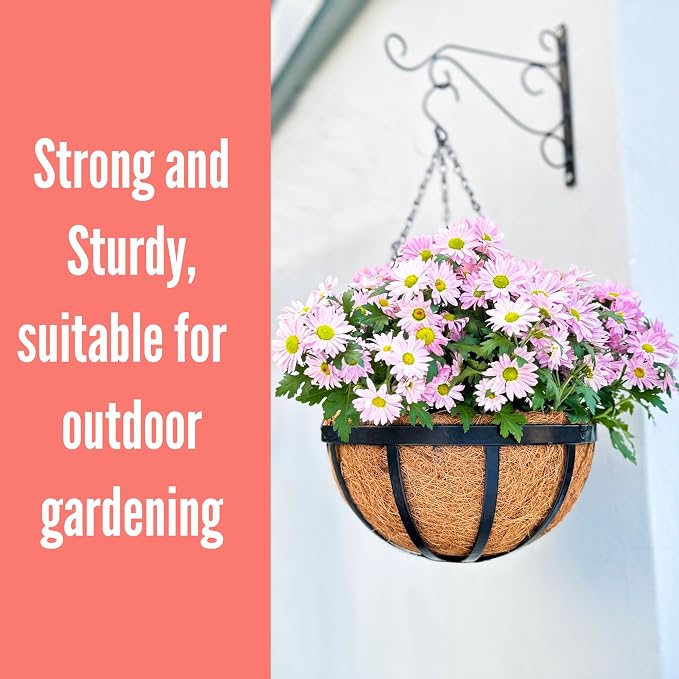 LaLaGreen Outdoor Hanging Baskets for Plants (14 Inch, 6 Pack) Large Black Hanging Planters with Coco Liner, Flat Iron Round Plant Metal Flower Pots for Deck Patio Porch Garden Balcony Outside Decor