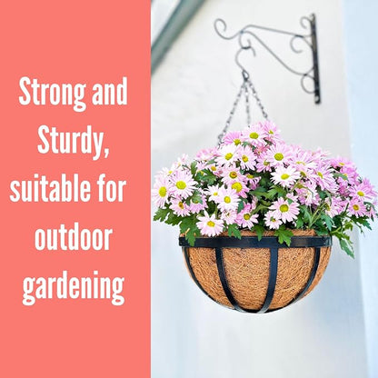 LaLaGreen Outdoor Hanging Baskets for Plants (14 Inch, 6 Pack) Large Black Hanging Planters with Coco Liner, Flat Iron Round Plant Metal Flower Pots for Deck Patio Porch Garden Balcony Outside Decor