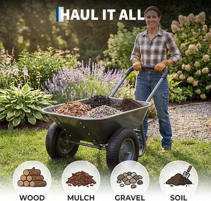 Garvee Wheelbarrow Garden Cart, Heavy Duty Home Utility, Dual-Wheel Home Garden Yard Utility Wheelbarrow Cart with Built-in Stand,(Grey)