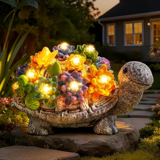 Guhope Solar Garden Statues, Outdoor Turtle Decor with Succulent and 8 LED Lights, Resin Outside Yard Figurine Decor for Garden, Yard, Lawn, Balcony, Porch, Gifts for Mom Grandma