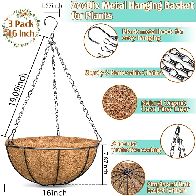 ZeeDix 3 Pack 16 Inch Large Hanging Baskets for Plants Outdoor with Coconut Liners Replacement, Hanging planters Baskets with Natural Coco Liner for Outdoor Indoor Planters Flowers Vegetables