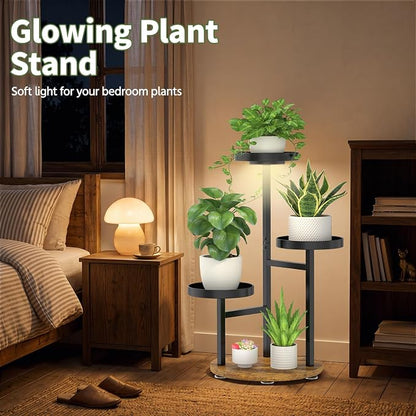LASZOLA Plant Stand Indoor Corner with Grow Light, Heavy Duty 3 Tier Wooden Flower Holder Rack for Mutiple Plants, Planter Display Shelf for Patio Garden Balcony Living Room, Black