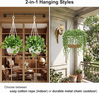 FUSHITON 3 Pack Hanging Planters for Indoor & Outdoor Plants, 10+10+8 Inch Self-Watering Pots with 2 Types of Hangers, Removable Saucer and Drainage Holes for Garden Home Decor - White