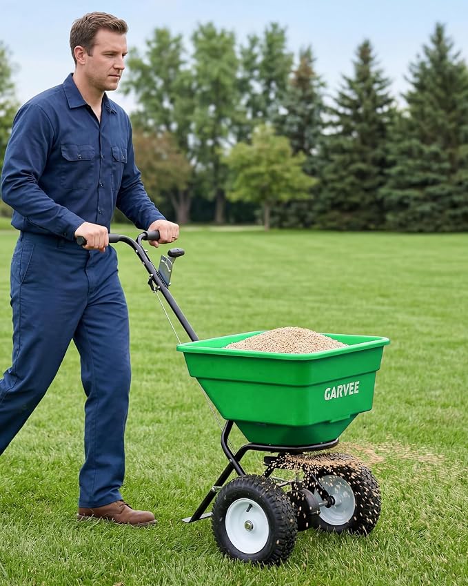 100LBS Push Broadcast Spreader, 12FT Spreading Width, 13 in All-Terrain Wheels, Adjustable Flow Control, Heavy Duty Walk Behind Lawn Spreader for Fertilizer, Grass Seed, Ice Melt, Salt