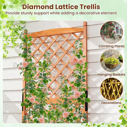 Giantex Raised Garden Bed with Trellis, 60" Wooden Planter Container with Drainage Holes, High Trellis for Plant Flower Climbing Pot Hanging, Indoor & Outdoor Planter Box for Yard Garden Balcony