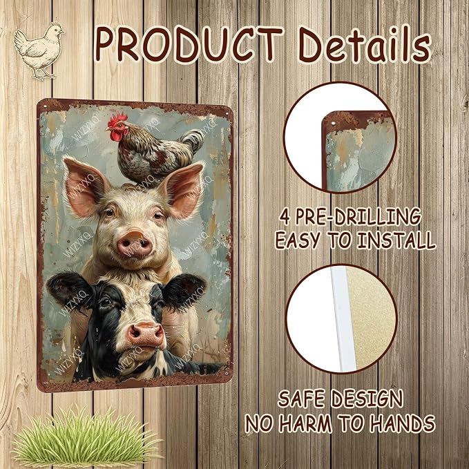 Metal Signs A Pig Cow Chicken Vintage Tin Sign for Home Office Kitchen Bar Cafe Garden Farmhouse Chicken Coop Wall Decor 12x8 Inch
