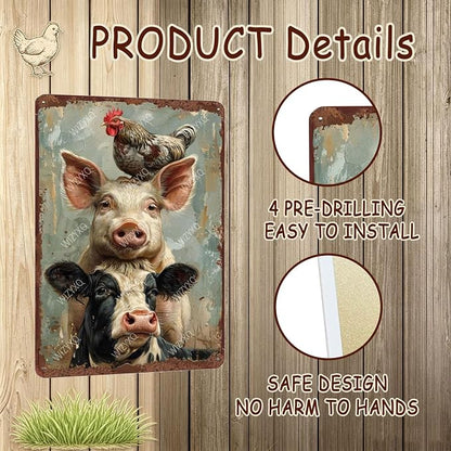 Metal Signs A Pig Cow Chicken Vintage Tin Sign for Home Office Kitchen Bar Cafe Garden Farmhouse Chicken Coop Wall Decor 12x8 Inch
