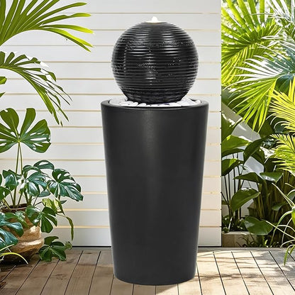 Autodaya 30"H Ceramic Sphere Water Fountain with LED Light for Garden Patio | Modern Minimalist Design, Black Glaze with White Pebbles, Soothing Trickling Water Feature, Artistic Charm, Tranquil Ambiance