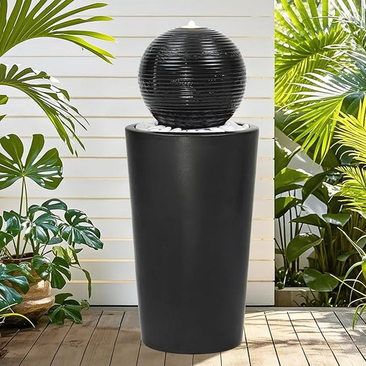 Autodaya 30"H Ceramic Sphere Water Fountain with LED Light for Garden Patio | Modern Minimalist Design, Black Glaze with White Pebbles, Soothing Trickling Water Feature, Artistic Charm, Tranquil Ambiance