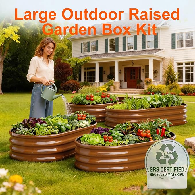 Rakukiri Raised Garden Bed Outdoor, GRS Certified Recycled Metal Planter Box 2 Sets, 4FT Galvanized Oval Herb Garden Kit, Bottomless Large Garden Beds for Vegetables Flowers, Rust-Resistant Brown
