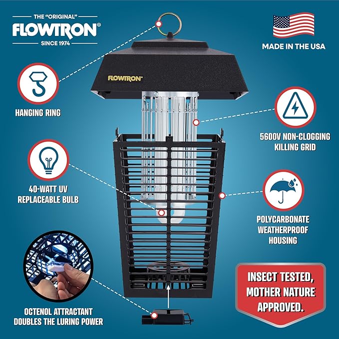 Flowtron Electric Bug Zapper 1 Acre Outdoor Insect Control with Dual Lure Method, 40W UV Light & Octenol Attractant for Fly & Mosquito, 5600V Kill Grid, Made in USA, UL Certified