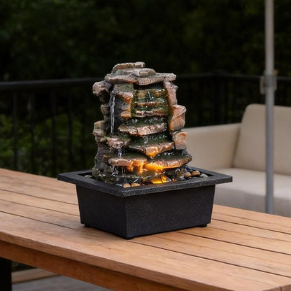 GOSSI Meditation Waterfall Fountain with LED Lights, Indoor Tabletop Water Fountain Decorated with Natural River Rocks, Office & Home Relaxation Decor, Christmas Decoration