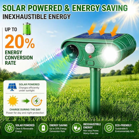 Solar Ultrasonic Animal Repellent 2 Pack,Motion Activated Deterrent for Deer, Cat, Squirrel, Raccoon, Rabbit & Bird, Waterproof Outdoor Animal Repeller with LED Strobe for Yard, Garden & Orchard