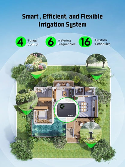 Smart Sprinklers Controller 2.4GHz WiFi, Irrigation Controller Easy Use App Enabled, 4 Zones + 16 Plans, Save Water Auto Skip Rain, Freeze & Wind, 10 Minutes Install