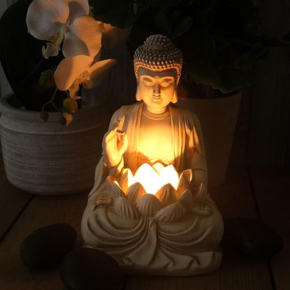 Buddha Tealight Candle Holder Statue – 8.5” Tall Polyresin - Zen Home and Garden Decor - Includes 3pcs Tea Lights and Free Candle Snuffer for Office, Indoor, Outdoor Decoration