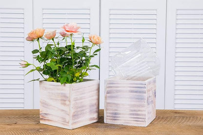 Wooden Planter Box l Rustic Barn Whitewash with Plastic Liner l Garden Decor l Restaurant and Wedding Decorations (6x6 Set of 2, Whitewash)