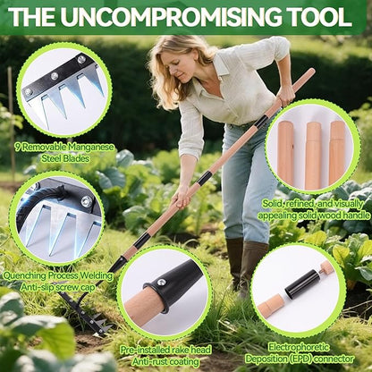Gardenia 9-Tine Iron Weeding Rake, Heavy Duty Weed Puller for Garden Soil | Carbon Steel, 3 Adjustable Wooden Handle Lengths 31"-63", for Lawn, Yard & Farm Weeding, Soil Loosening, Debris Clearing