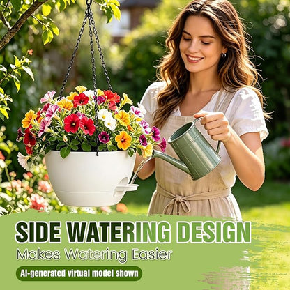 8 Inch Self Watering Hanging Planters Set of 3 with Saucers | Set of 3 8-inch self-watering hanging planters with side-fill watering ports, chain hangers & snap-on saucers