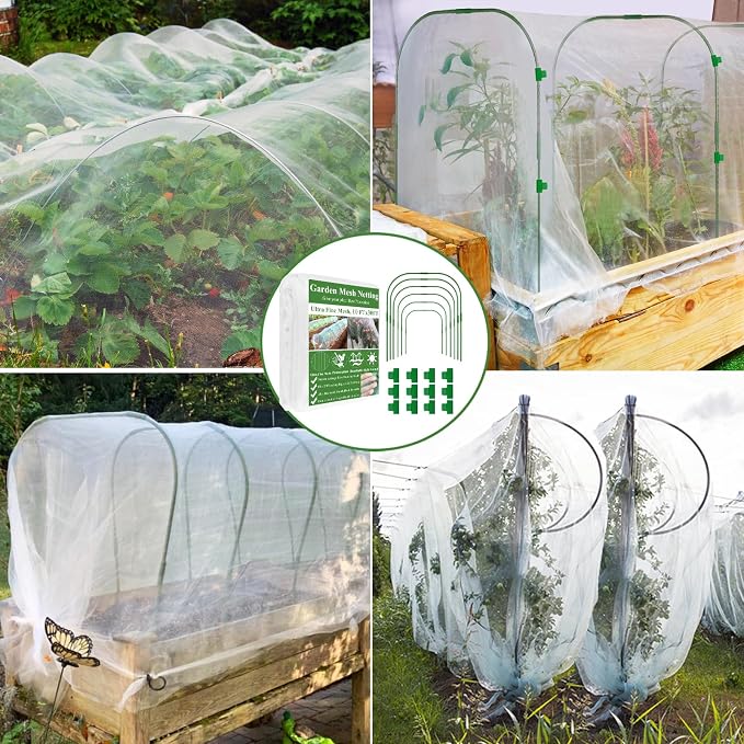 Garden Mesh Netting Kit, 10 * 30FT Ultra Fine Netting Plant Covers with 6 Pcs Wide Garden Hoops & 18 Clip, Garden Netting Kit for Raised Beds Plants Greenhouse Row Cover Barrier Protection Net
