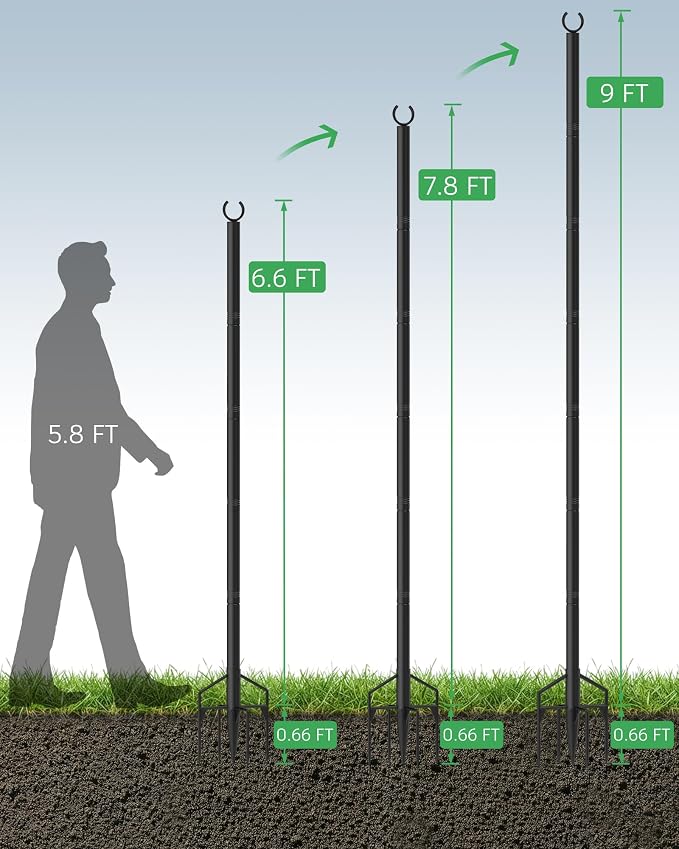 LAND·VOI String Light Poles 2 Pack, Heavy Duty Outdoor Light Poles with Upgraded 5‑Prong Base, Anti‑Bending Stable Design for Backyard Patio Garden Wedding Party Decoration