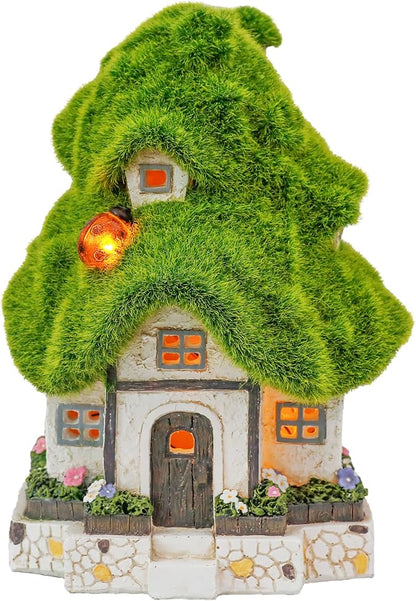 TERESA'S COLLECTIONS Flocked Garden Statue and Figurine Fairy House with Solar Outdoor Lights, Resin Garden Decor Outdoor Statues Garden Cottage Yard Decor Porch Lawn Ornaments Gifts for Mom, 7.4"
