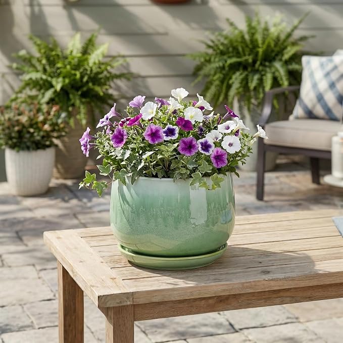 9 Inch Plant Pot - Ceramic Planter with Drainage Hole and Saucer, Decorative Ceramic Pots for Indoor Plants, Round Durable Flower Pot, Office House Patio Decor, Gifts for Plant Lovers, Green