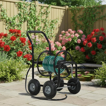 FDW Garden Hose Reel Cart, Water Hose Cart with 4 Wheels, Hold Up to 300 ft of 5/8’’ Hose，Heavy Duty Powder-Coated Steel Planting with Storage Basket, for Garden, Yard and Lawn