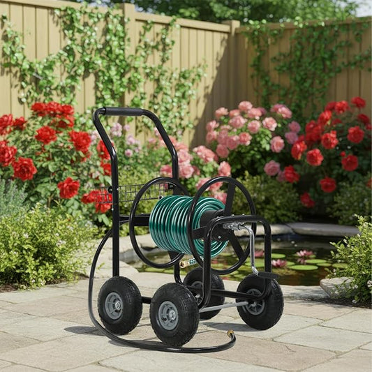 FDW Garden Hose Reel Cart, Water Hose Cart with 4 Wheels, Hold Up to 300 ft of 5/8’’ Hose，Heavy Duty Powder-Coated Steel Planting with Storage Basket, for Garden, Yard and Lawn