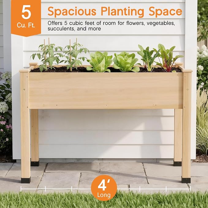 SPECRAFT 48 x 24 x 30 Inches Raised Garden Bed with Legs, 5 Cu Ft Wooden Planter Box with Drainage Holes & Liner, Outdoor Raised Garden Beds for Patio Backyard Gardening, Natural Wood Color