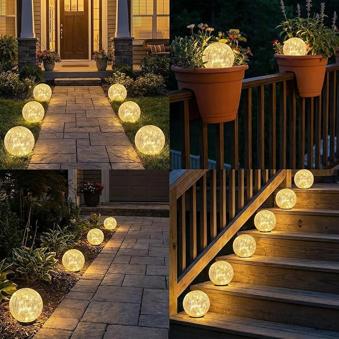 SyouHome Solar Garden Lights Outdoor Waterproof, Landscape Garden Decor | 6 Pack, Auto On/Off Cracked Glass Ball Light, Warm White Solar Globe Lights for Pathway/Patio/Lawn/Yard & Gardening Gift