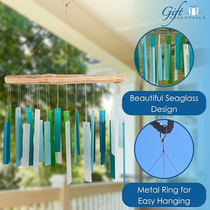 Ocean Blue Sea Glass Driftwood Wind Chime, Handcrafted Coastal, 15 Inch | Ocean Blue Glass; Driftwood Accent; Coastal Patio Decor; Handcrafted Wind Chime