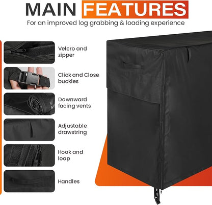8ft Waterproof Firewood Rack Cover - Heavy Duty Black 600D Oxford Fabric - Indoor Or Outdoor Firewood Log Cover with Zipper & Adhesive Closing Strips - Rack NOT Included - Black