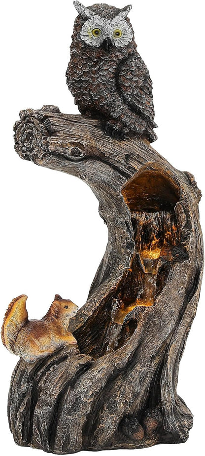 32" H Owl Tree Trunk Outdoor Fountain with Warm LED Lights | Forest Style 4-Tiers Water Feature with Soothing Cascading Waterfall for Patio, Backyard, Garden or Porch
