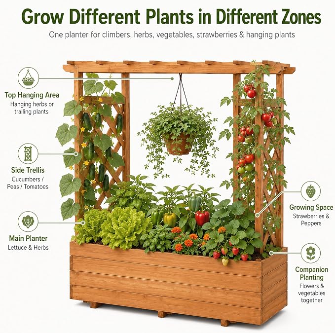 Raised Garden Bed with Arch Trellis & Hanging Roof for Climbing Plants