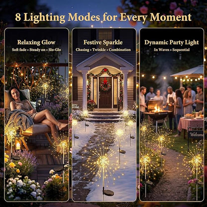 Solar Firework Lights Outdoor 2 Pack, 120LED Starburst Garden Lights Solar Powered with 8 Lighting Modes, Waterproof Decorative Lights for Flower Beds, Walkways, Small Garden & Patio Decor