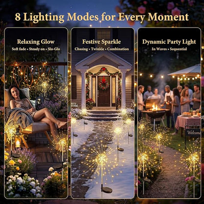 Solar Firework Lights, 10 Pack 120 LEDs 8 Lighting Modes Solar Fairy Garden Lights Outdoor Waterproof for Yard Patio Walkway Pathway Party Wedding Balcony Decorative- Warm White
