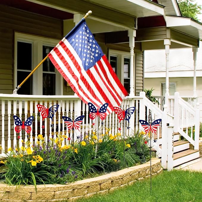 6 Pcs 4th of July Decorations Outdoor,18.2" Red White Blue Metal Butterfly Decorative Garden Stakes for Independence Day,Americana Patriotic Yard Signs Decor for Garden Lawn Porch