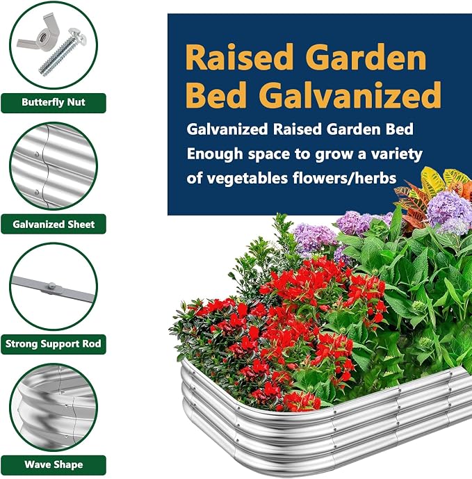 RAYKEEP Galvanized Raised Garden Beds, Outdoor Raised Garden Boxes, Oval Large Bottomless Metal Elevated Garden Bed Planter Box for Vegetables, Fruits, Flower (1pcs, 5x3x1 ft)