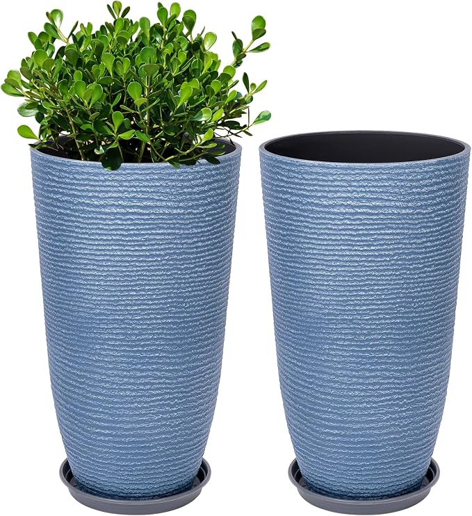QCQHDU Set of 2 9 Gallon Tall Large planters for Outdoor/Indoor Plants of 12" Dia x 21" H Round Flower Pots Set Faux Stone Finish Front Door Patio Square Porch Planters with Tray, Sky Blue