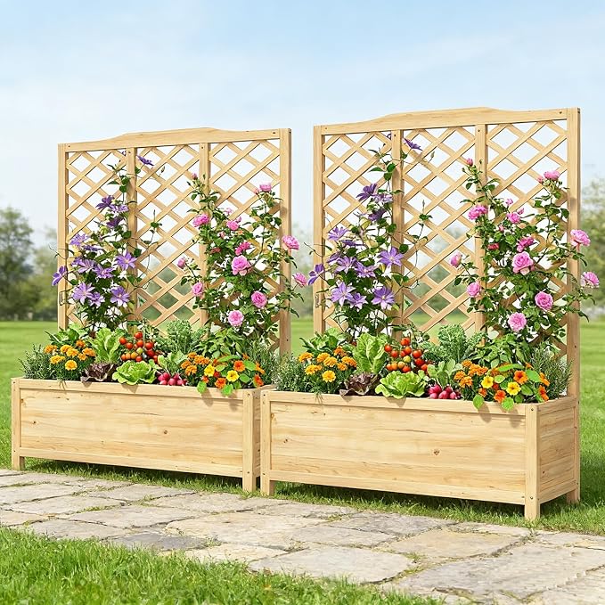 DoCred 2PCS Raised Garden Bed, 44" L x 16" W x 59" H Freestanding Elevated Planter Box with Trellis for Climbing Plants, Outdoor Wooden Privacy Screen with Garden Box for Backyard Patio Balcony Decor