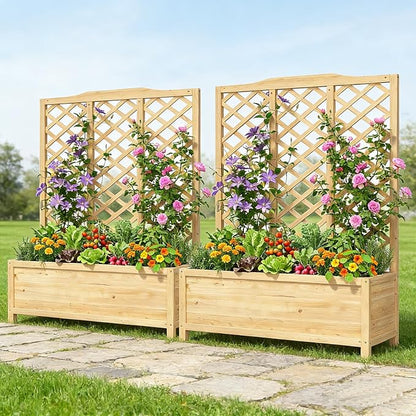 DoCred 2PCS Raised Garden Bed, 44" L x 16" W x 59" H Freestanding Elevated Planter Box with Trellis for Climbing Plants, Outdoor Wooden Privacy Screen with Garden Box for Backyard Patio Balcony Decor